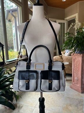 Woven Black and White Leather Satchel Handbag